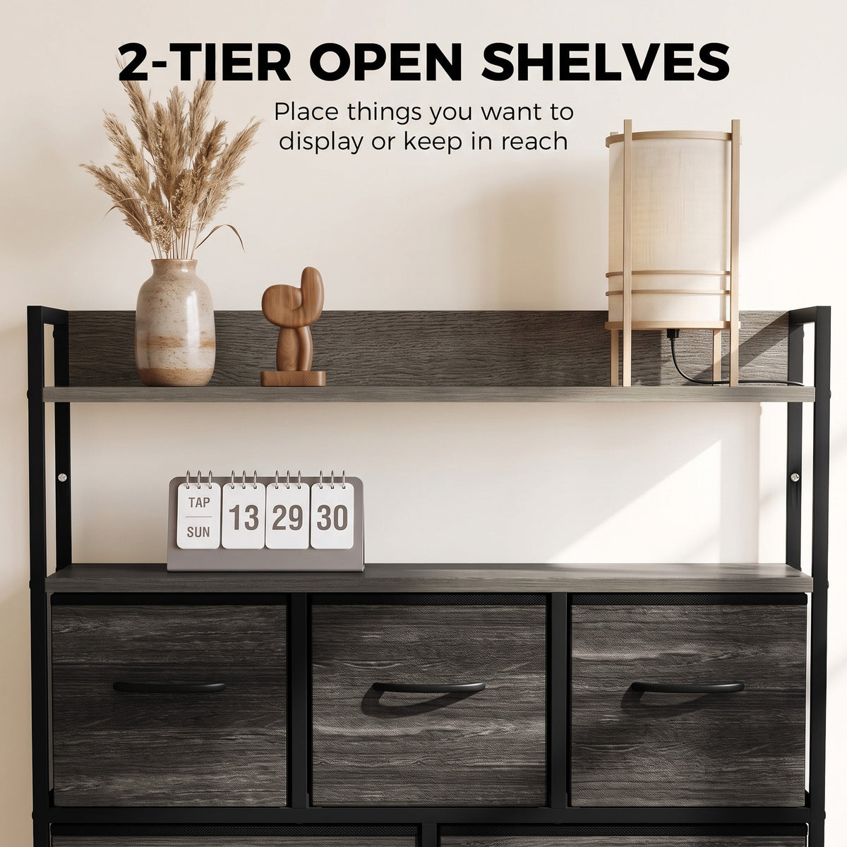 Grey wood-effect dresser with two open shelves and three rows of fabric drawers