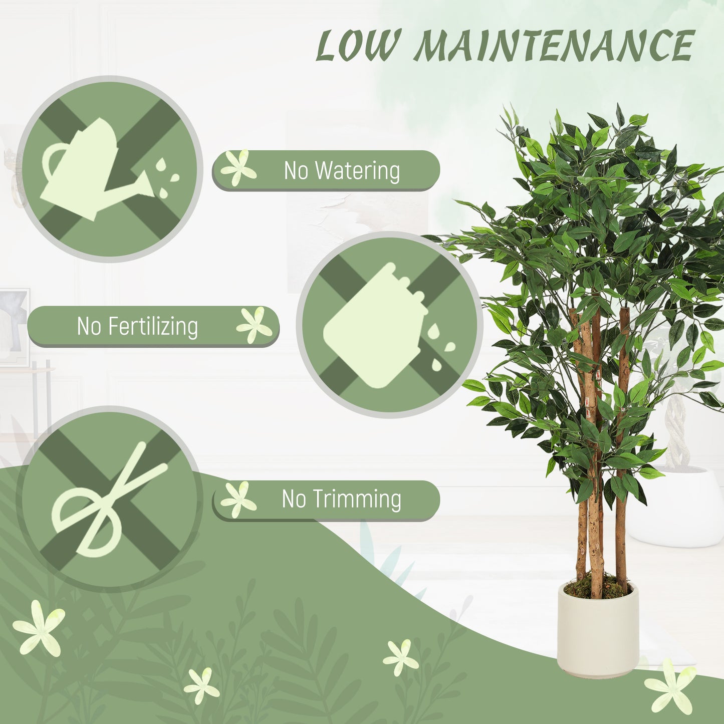 HOMCOM 120cm Artificial Ficus Tree With Solid Wood Trunk And Potted White Pot For Indoor Use Real Touch PEVA Leaves Green