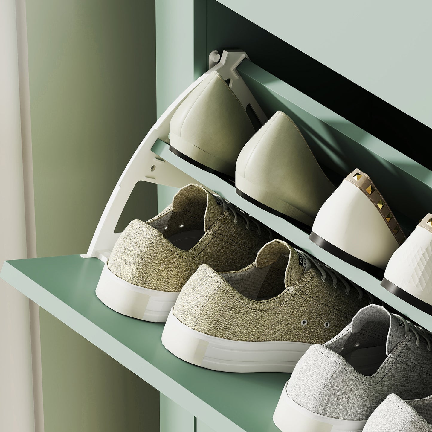 HOMCOM Modern Two Drawer Shoe Cabinet Green Slim Narrow Storage For 14 Pairs UK Men Size 9.5