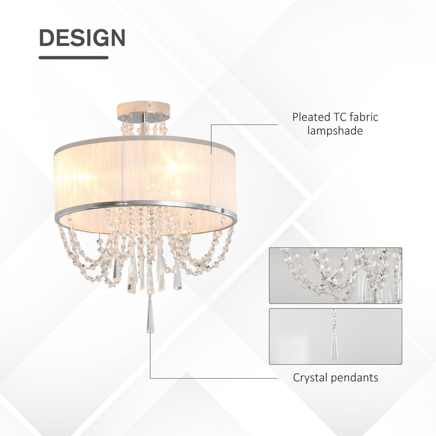 HOMCOM Elegant Metal Ceiling Chandelier with Crystal Pendants, White - ALL4U RETAILER LTD