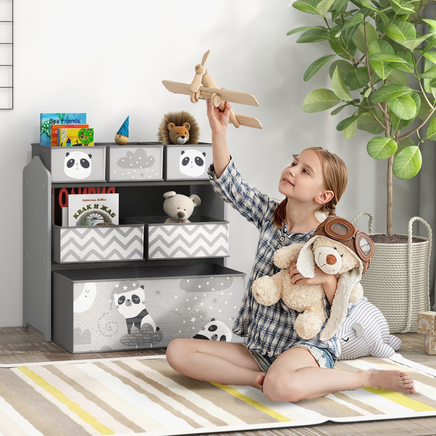 ZoneKiz Kids Storage Unit With Six Fabric Bins For Bedrooms Playrooms And Nurseries Grey