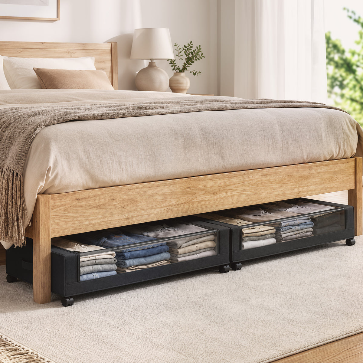 Wheeled Under Bed Storage Drawers Pack Of 2 40L Capacity With Clear Lids