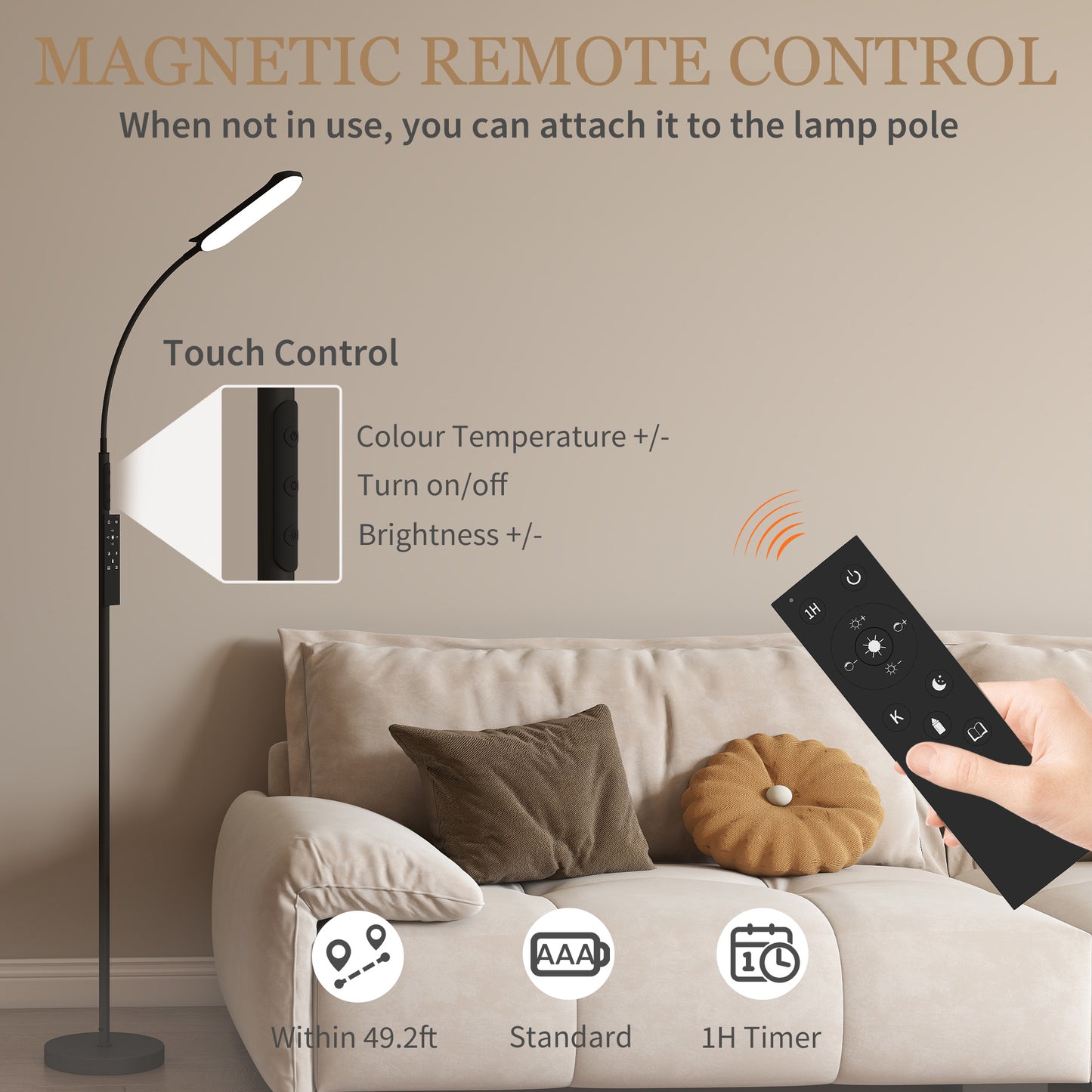 LED Floor Lamp With Remote And Touch Control Dimmable Color Temperature 360 Degree Gooseneck Timer Memory Black