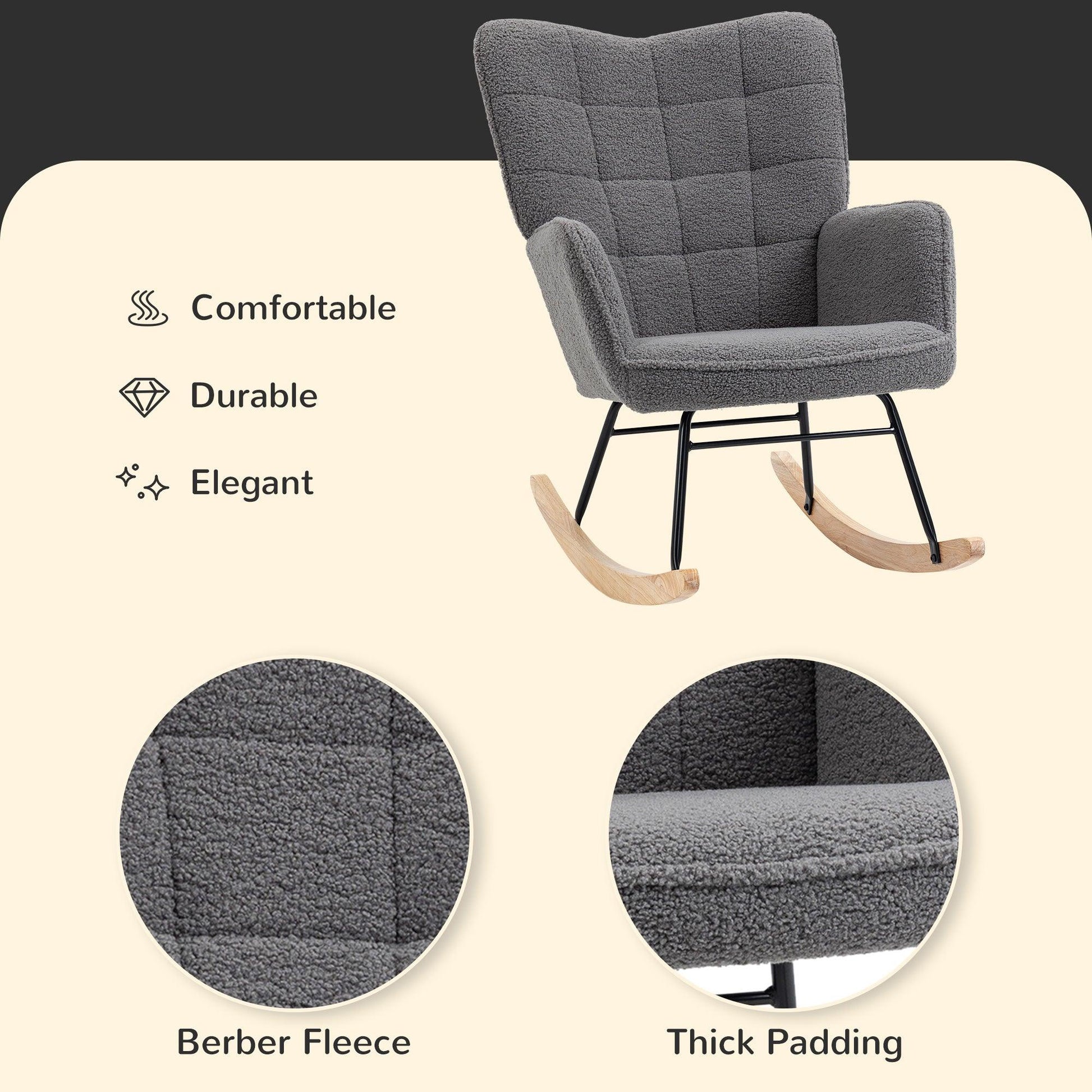 HOMCOM Wingback Rocking Chair for Nursing w/ Steel Frame and Wooden Base Grey - ALL4U RETAILER LTD