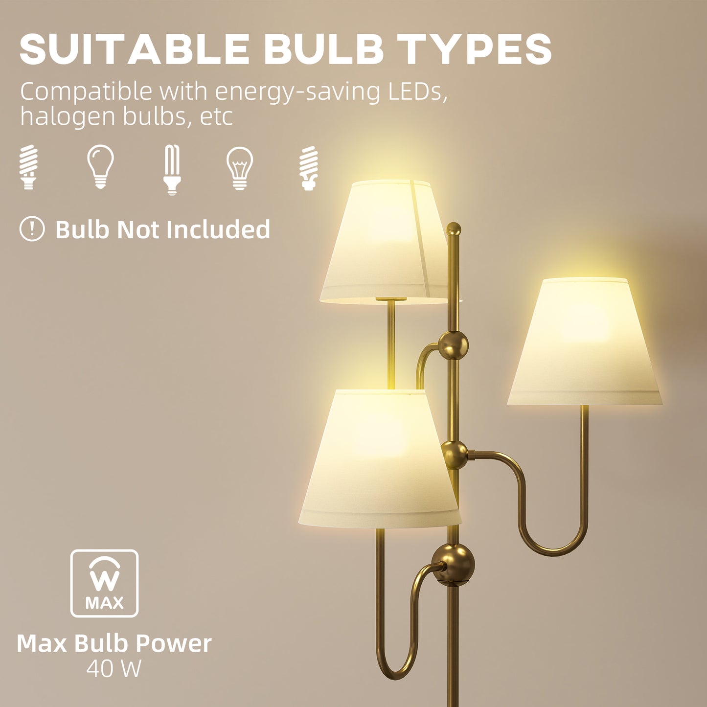 HOMCOM Floor Lamp 165 cm Standing Lamp With 3 Lights and Foot Switch For Living Room Bedroom Office E27 Base 40W Max