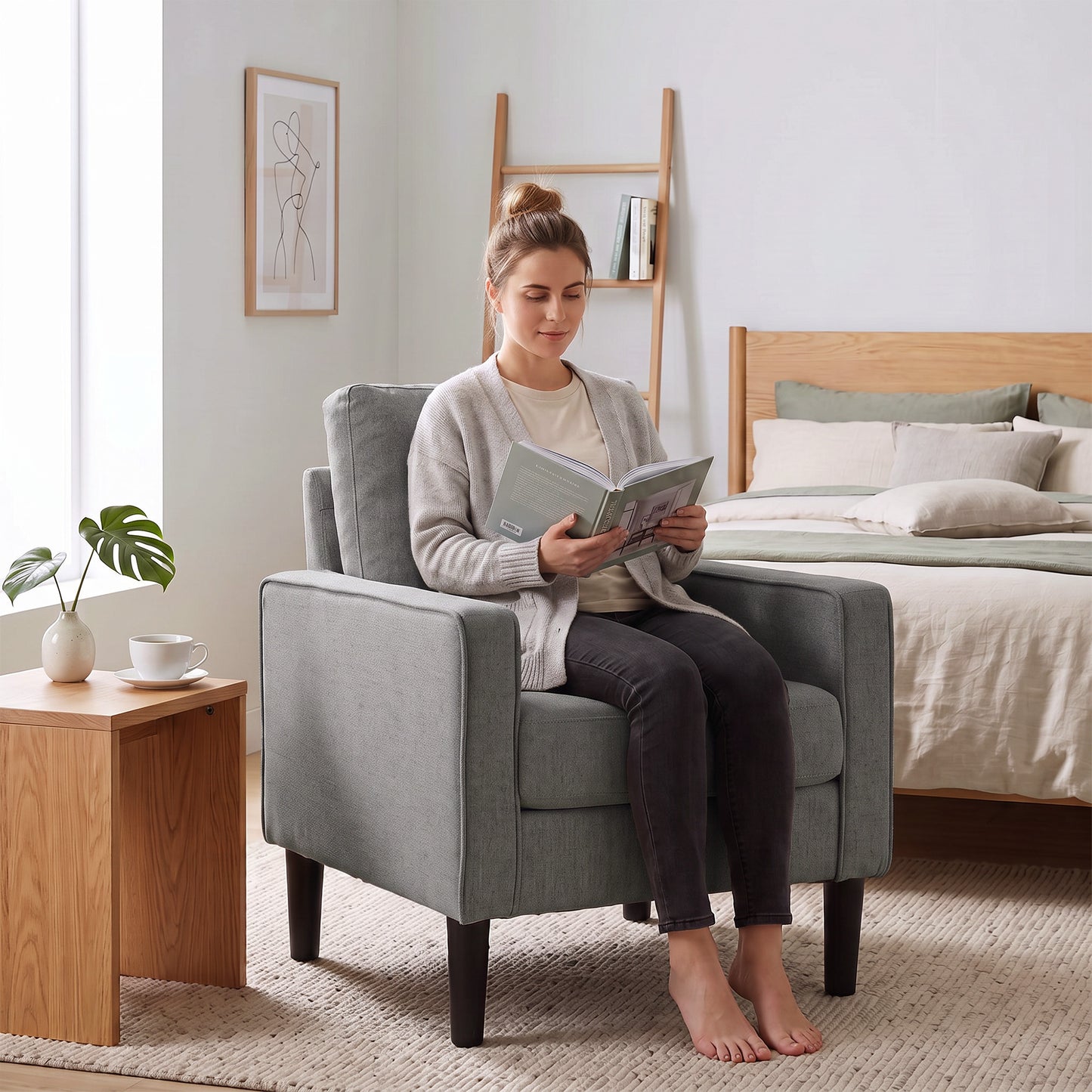 HOMCOM Linen Accent Chair Dark Grey Spring Cushion Living Room