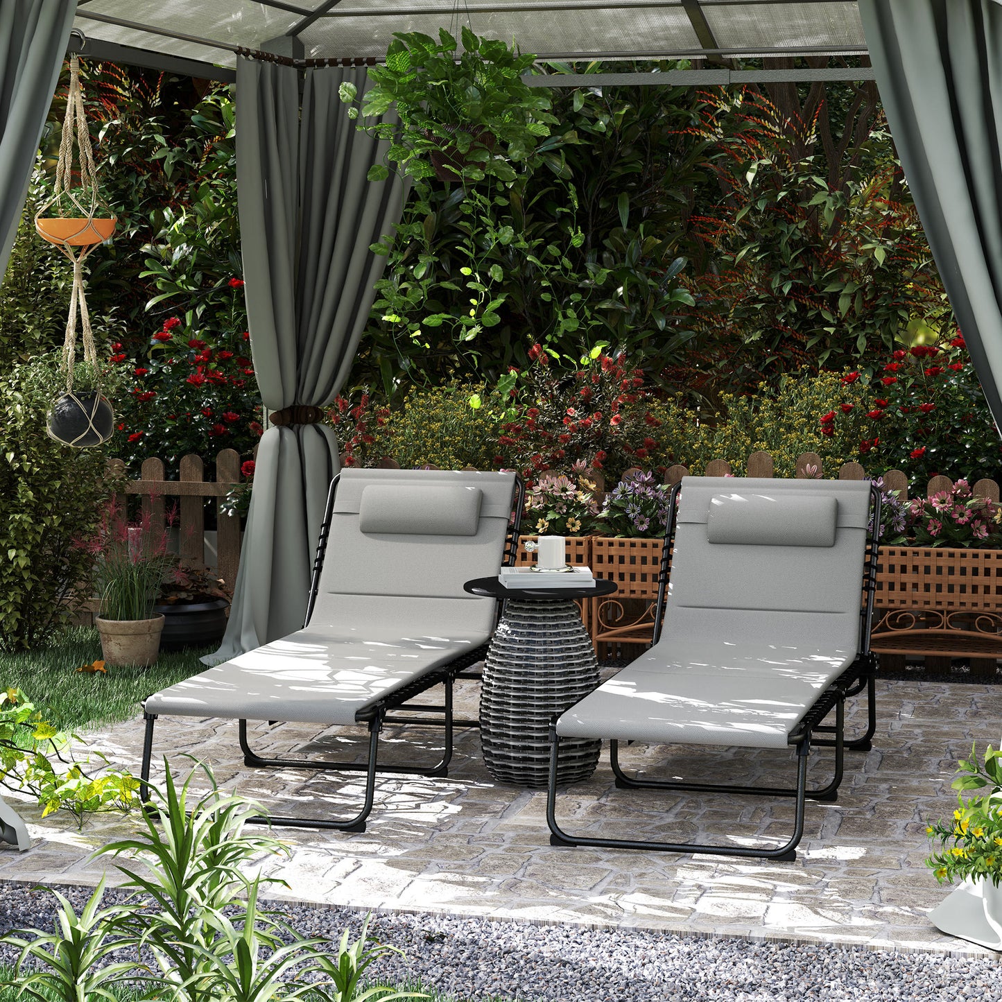 Outsunny Set Of Two Reclining Sun Loungers In Light Grey With Five Level Adjustable Backs Powder Coated Steel Frames