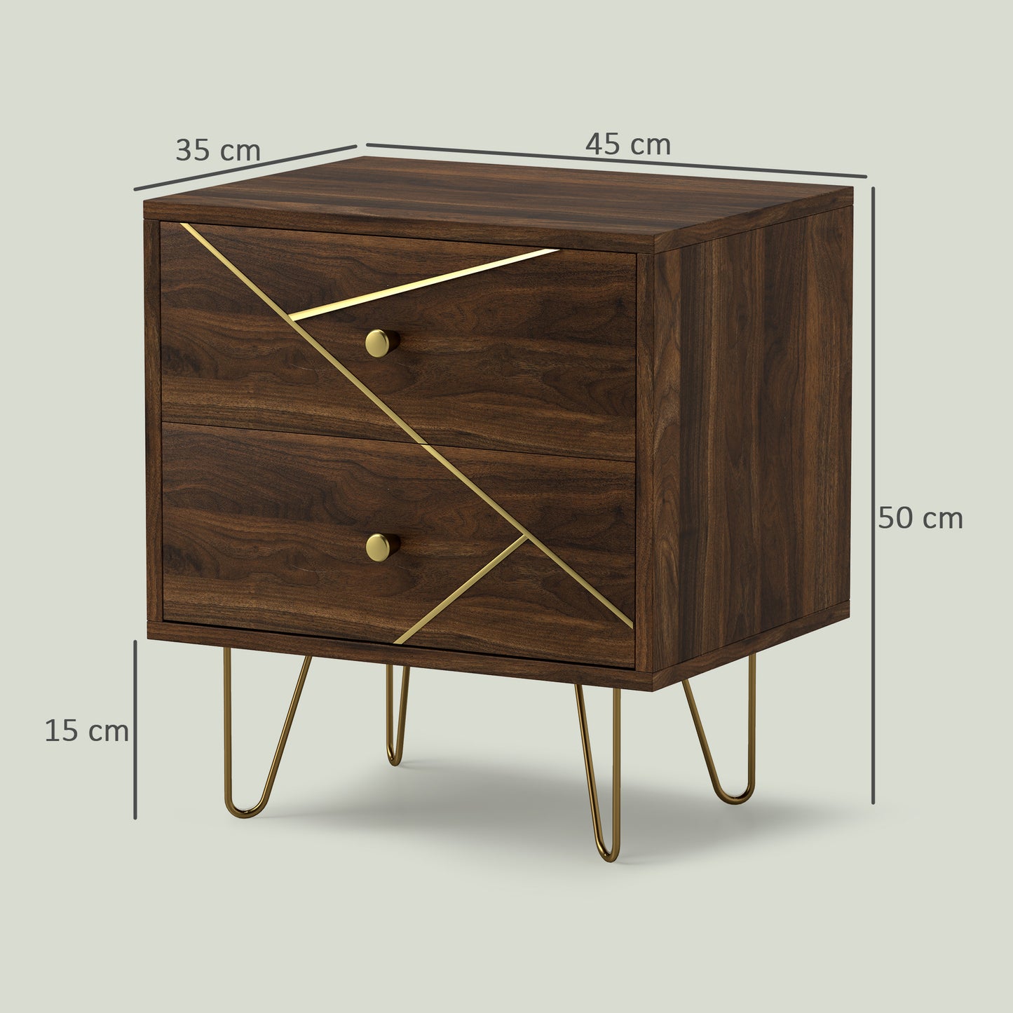 HOMCOM Bedside Tables Set of 2 With 2 Drawers and Gold Hairpin Legs Wood Grain Nightstands