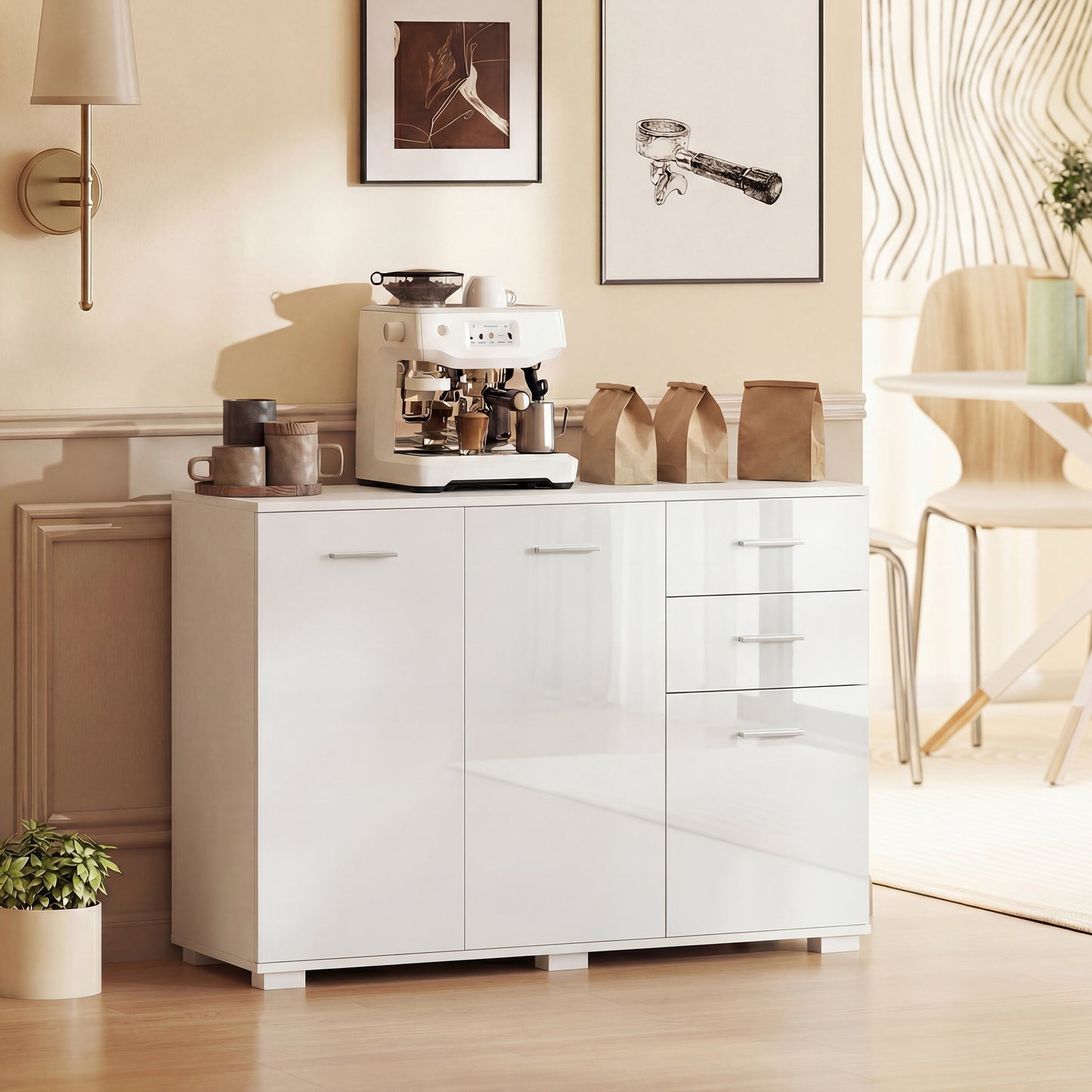 HOMCOM Sideboard Modern Storage Cabinet With Two Drawers Three Doors And Adjustable Shelves High Gloss White