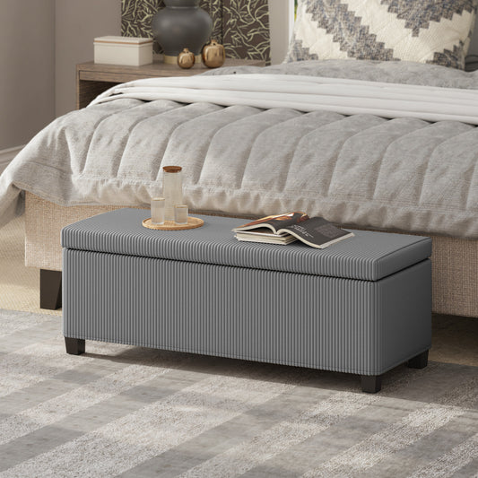 HOMCOM 84L Corduroy Storage Ottoman Grey Padded Top With Generous Storage For Bedroom And Living Room