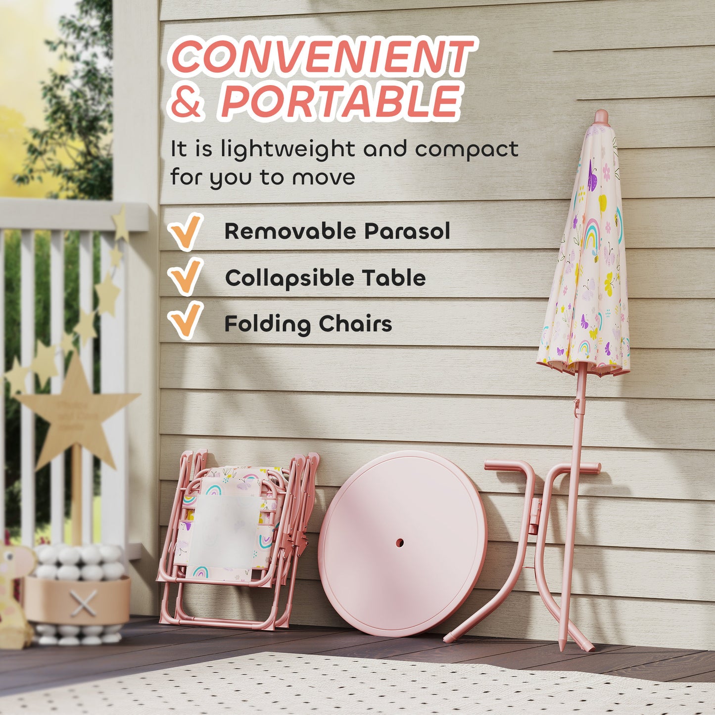 AIYAPLAY 4-Piece Foldable Kids Garden Table and Chair Set With Adjustable Parasol Pink Rainbow Pattern for Ages 2-5