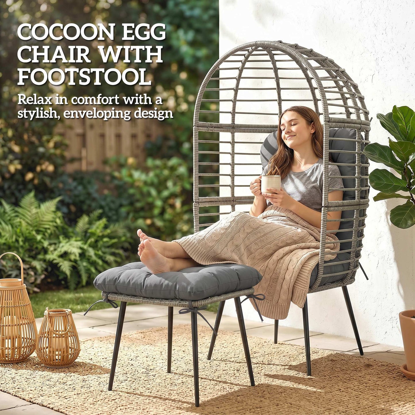 Outsunny Garden Egg Chair With Footstool Rattan Indoor Outdoor Lounge Chair And Ottoman Set Thick Cushions Light Grey