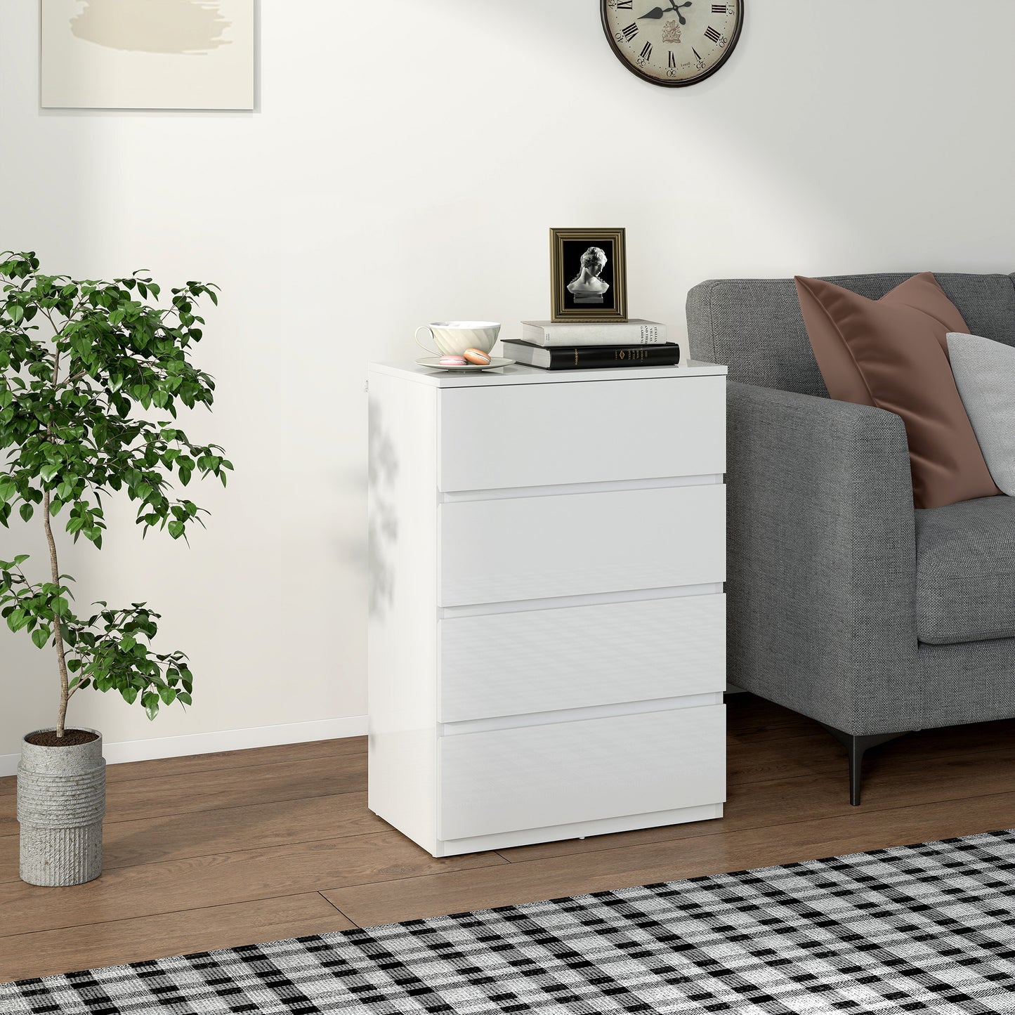 HOMCOM High Gloss Chest Of Drawers 4 Drawer Modern Dresser For Bedroom White Finish Durable And Space Saving