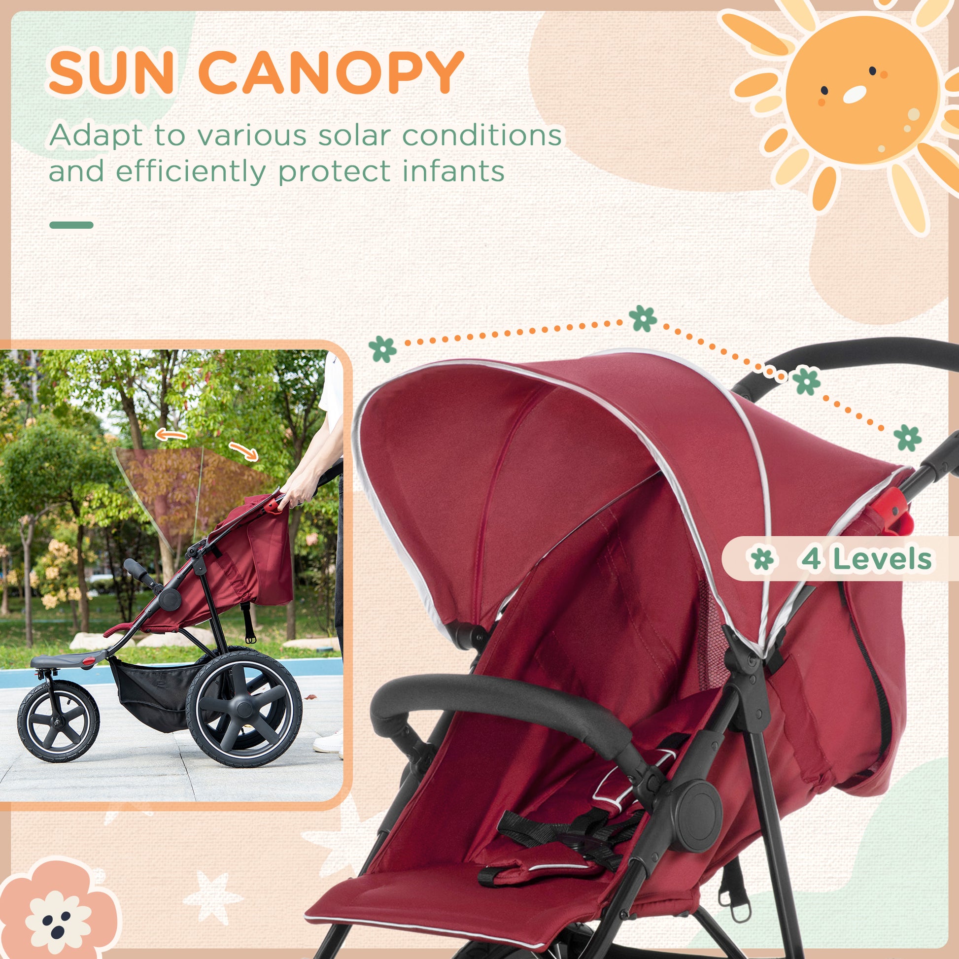 HOMCOM Compact Tri-Wheel Baby Stroller with Adjustable Canopy and Storage Basket, Lightweight Design, Red - ALL4U RETAILER LTD