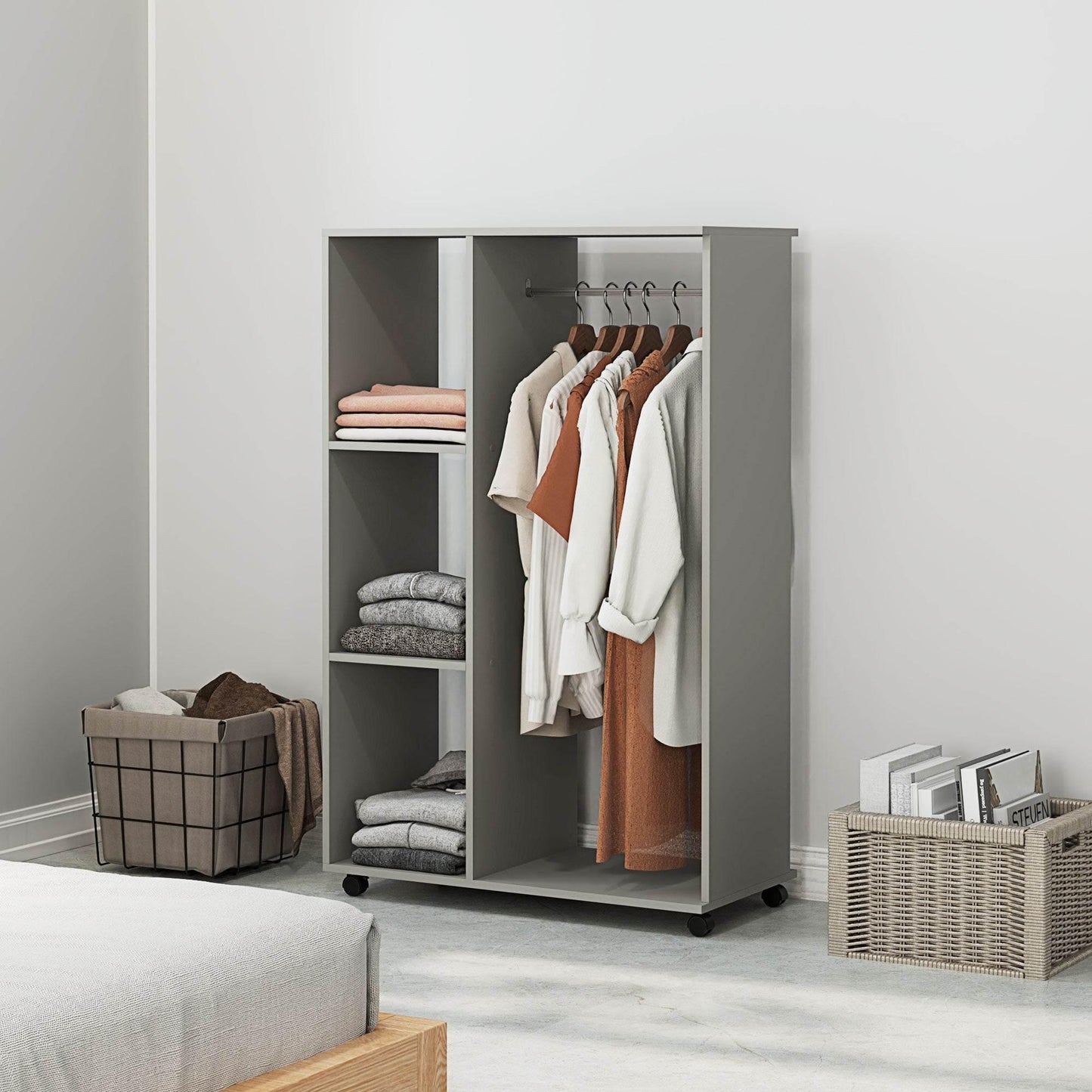 Mobile Grey Open Wardrobe with Clothes Rail and Shelves - Versatile Garment Rack on Wheels for Bedroom and Hallway - ALL4U RETAILER LTD