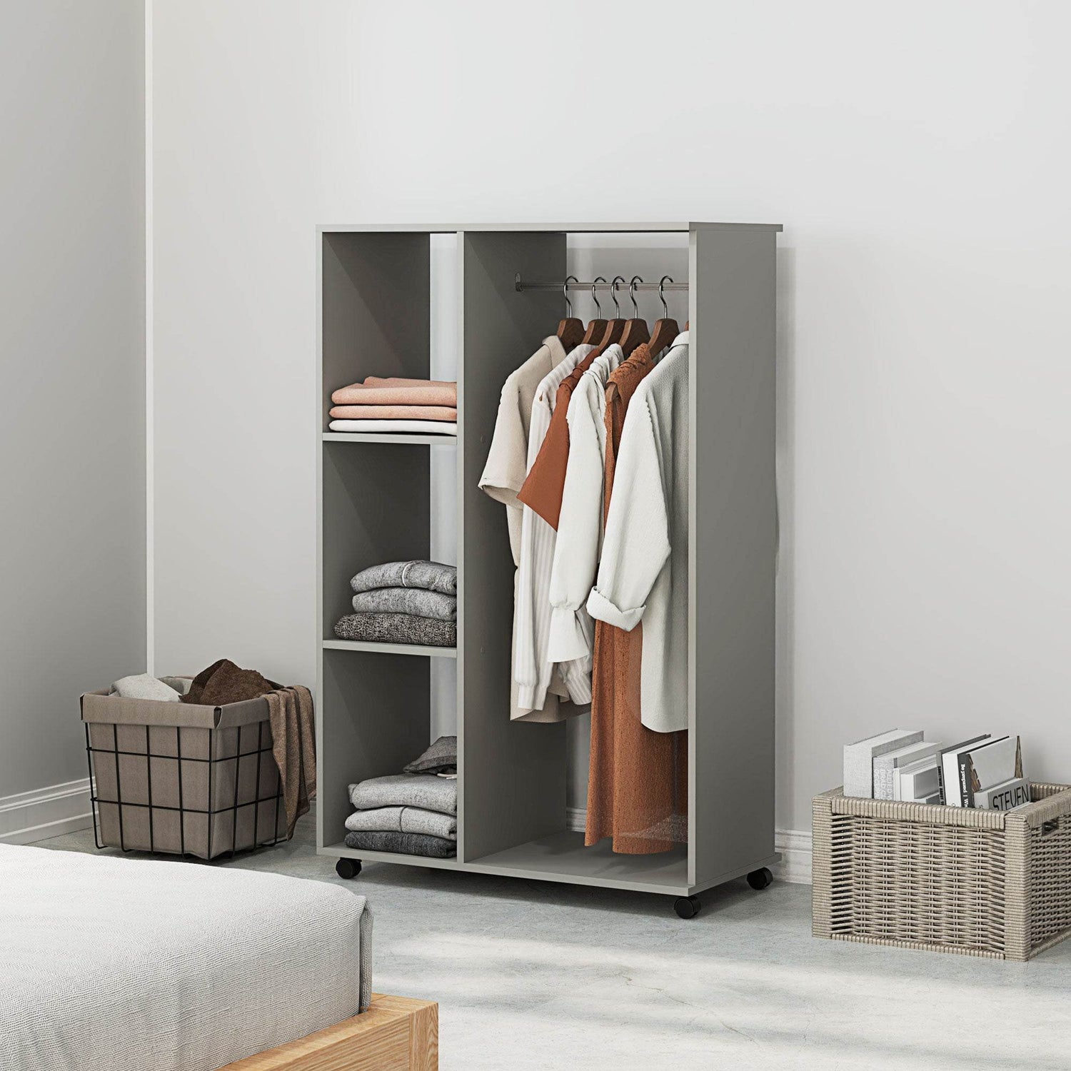 Mobile Grey Open Wardrobe with Clothes Rail and Shelves - Versatile Garment Rack on Wheels for Bedroom and Hallway - ALL4U RETAILER LTD