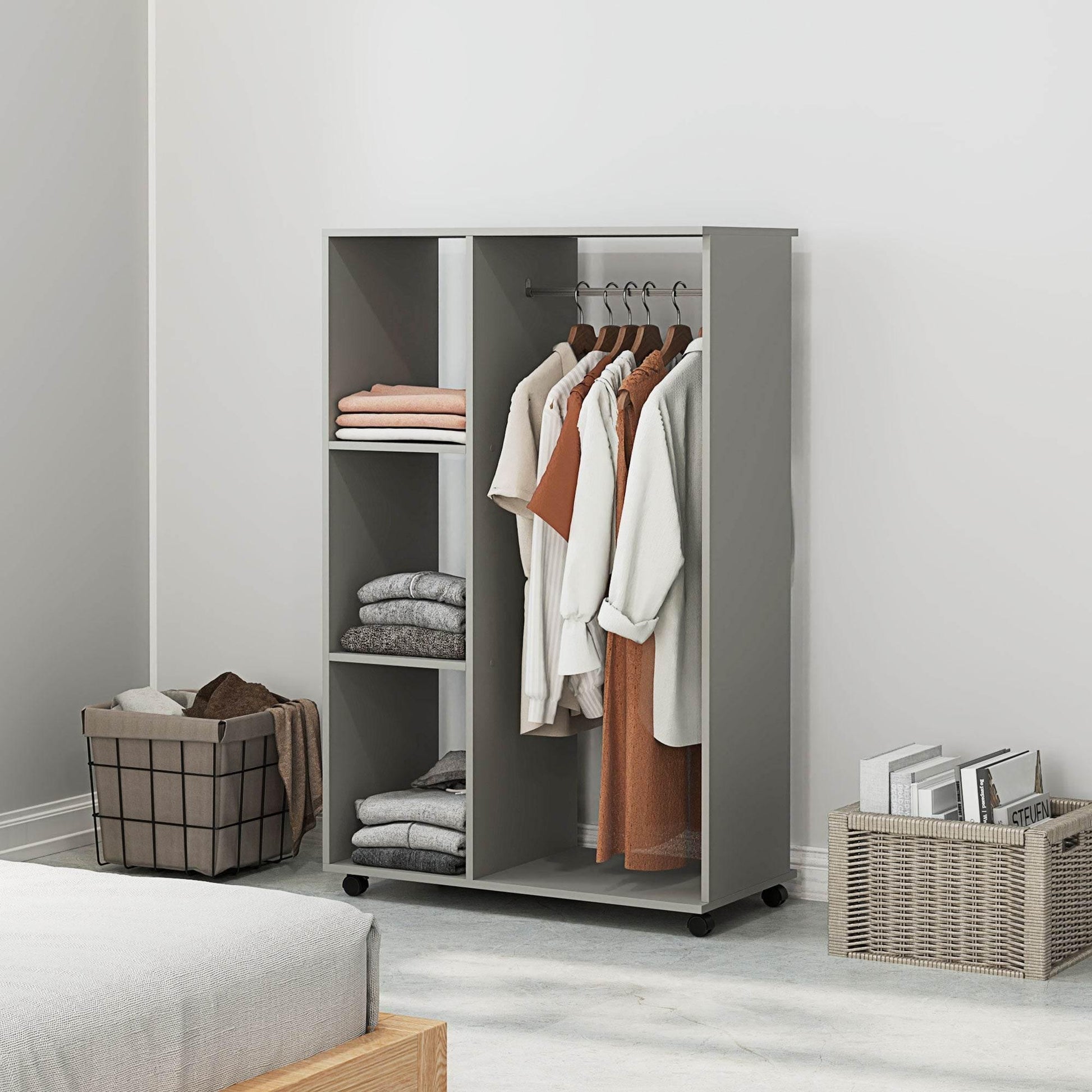 Mobile Grey Open Wardrobe with Clothes Rail and Shelves - Versatile Garment Rack on Wheels for Bedroom and Hallway - ALL4U RETAILER LTD