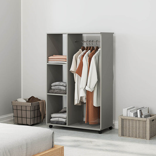 Mobile Grey Open Wardrobe with Clothes Rail and Shelves - Versatile Garment Rack on Wheels for Bedroom and Hallway - ALL4U RETAILER LTD