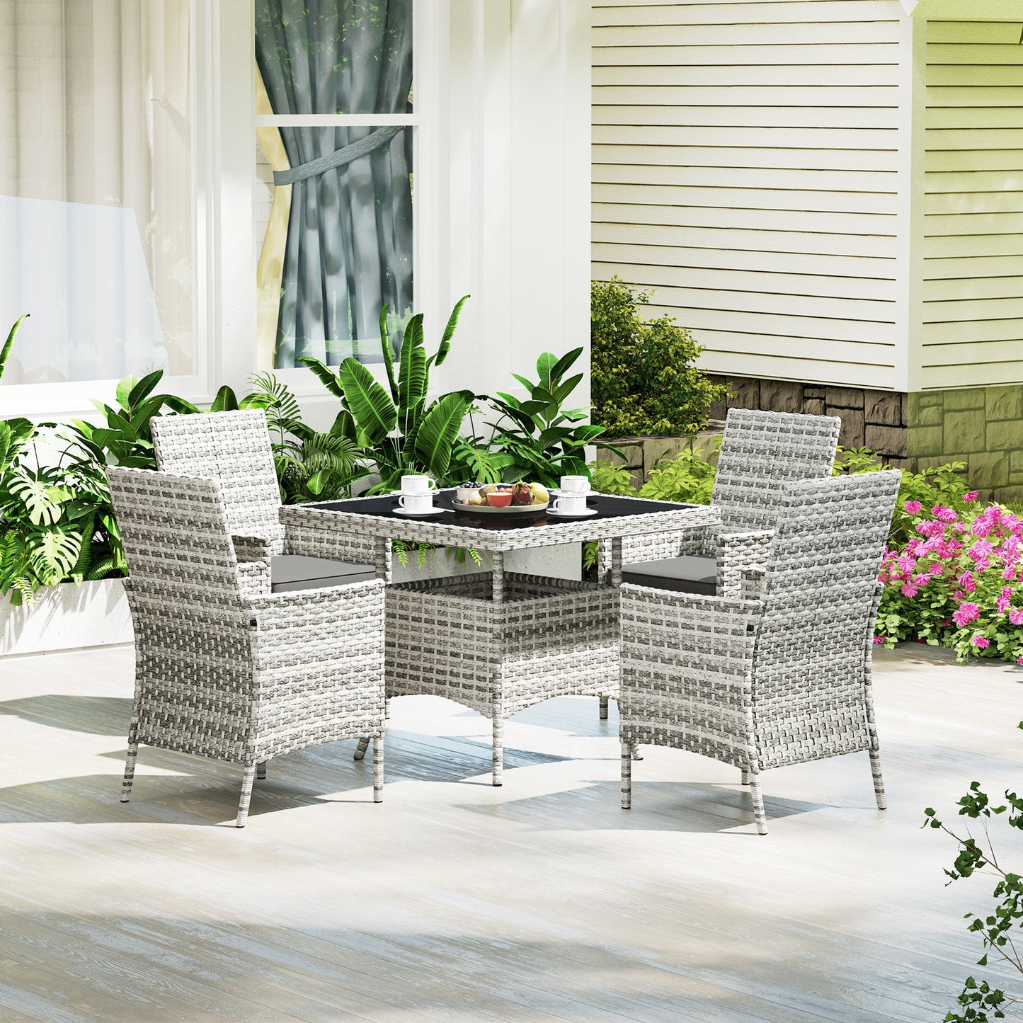 Outsunny Rattan Outdoor Dining Set 4 Seater With Cushions Square Glass Table Garden Furniture