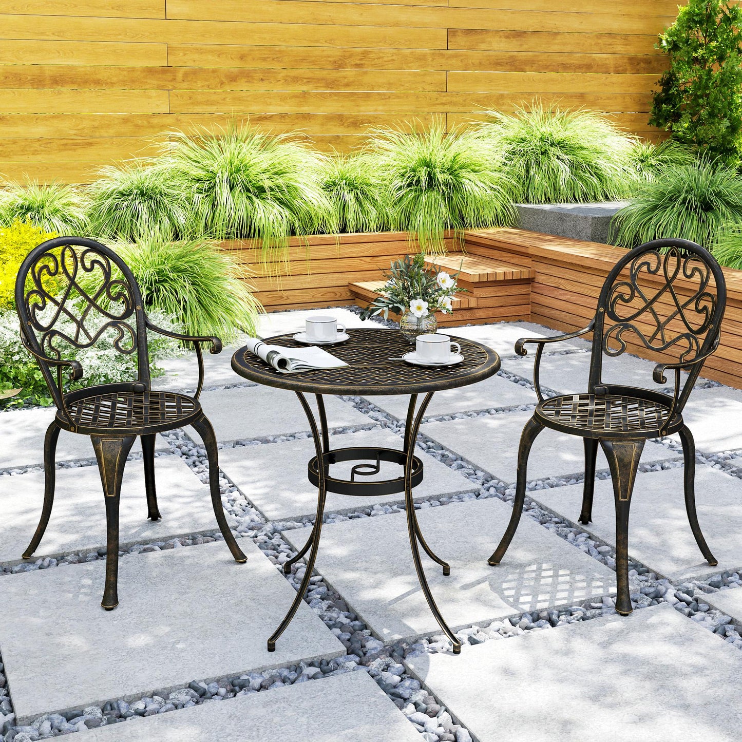 Outsunny Three Piece Aluminium Garden Bistro Set with Round Table and Two Chairs Bronze Tone Outdoor Furniture