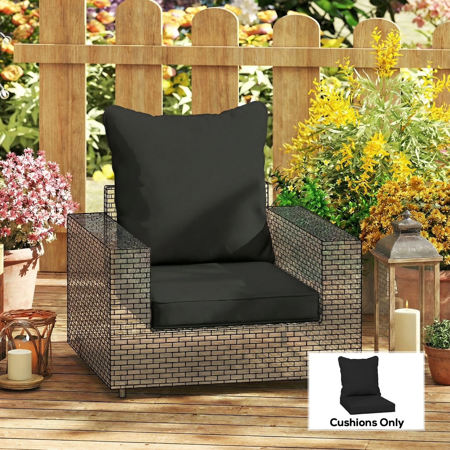 Outsunny Seat and Back Padded Cushion Set Two Cushions Black Outdoor Patio for Garden Furniture