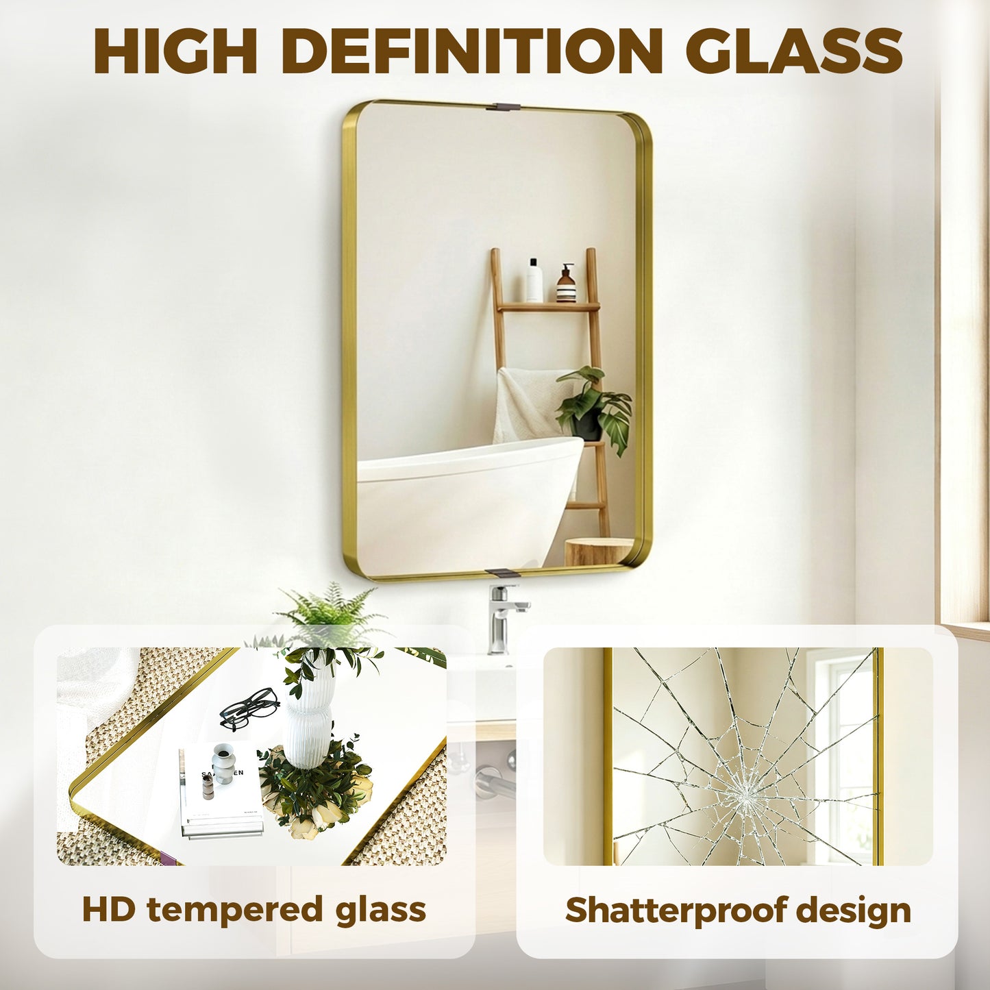HOMCOM Rectangular Wall Mirror 90 X 60 Cm With Aluminium Alloy Frame And Tempered Glass Gold Tone