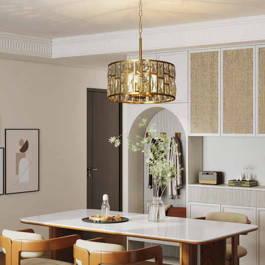 HOMCOM 72 Glass Crystallite Chandelier Gold Tone Ceiling Light With Flush Mount Or Hanging Installation Three Bulbs