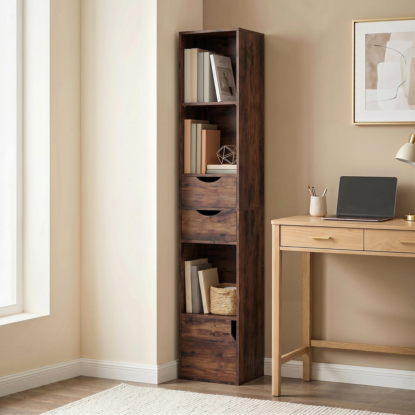 HOMCOM Rustic Brown Bookcase With Two Drawers And Cabinet, Adjustable Shelves, 158 Cm Tall