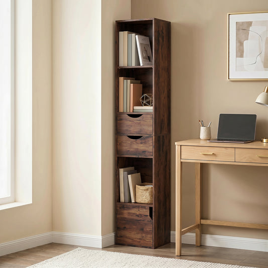 HOMCOM Rustic Brown Bookcase With Two Drawers And Cabinet, Adjustable Shelves, 158 Cm Tall
