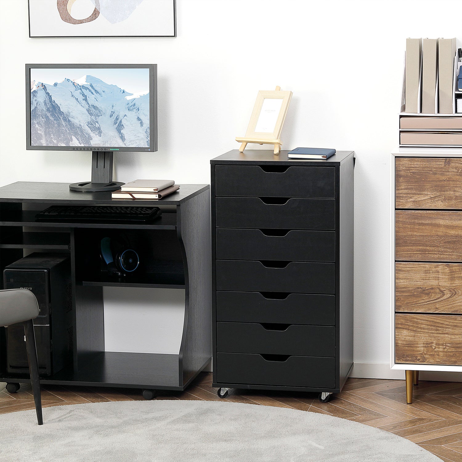 Compact 7-Drawer Mobile Filing Cabinet with Wheels for Home Office - Black - ALL4U RETAILER LTD