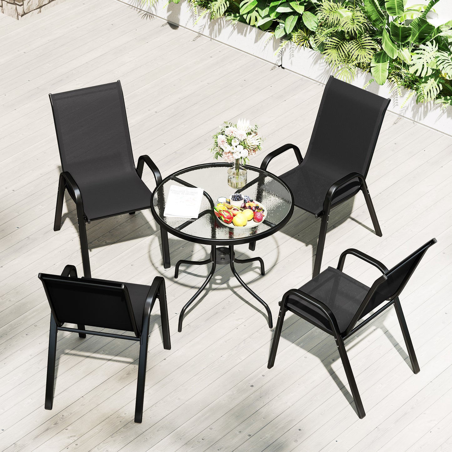 Outsunny Five Piece Steel Outdoor Patio Set With Round Glass Top Table And Stackable Chairs Black