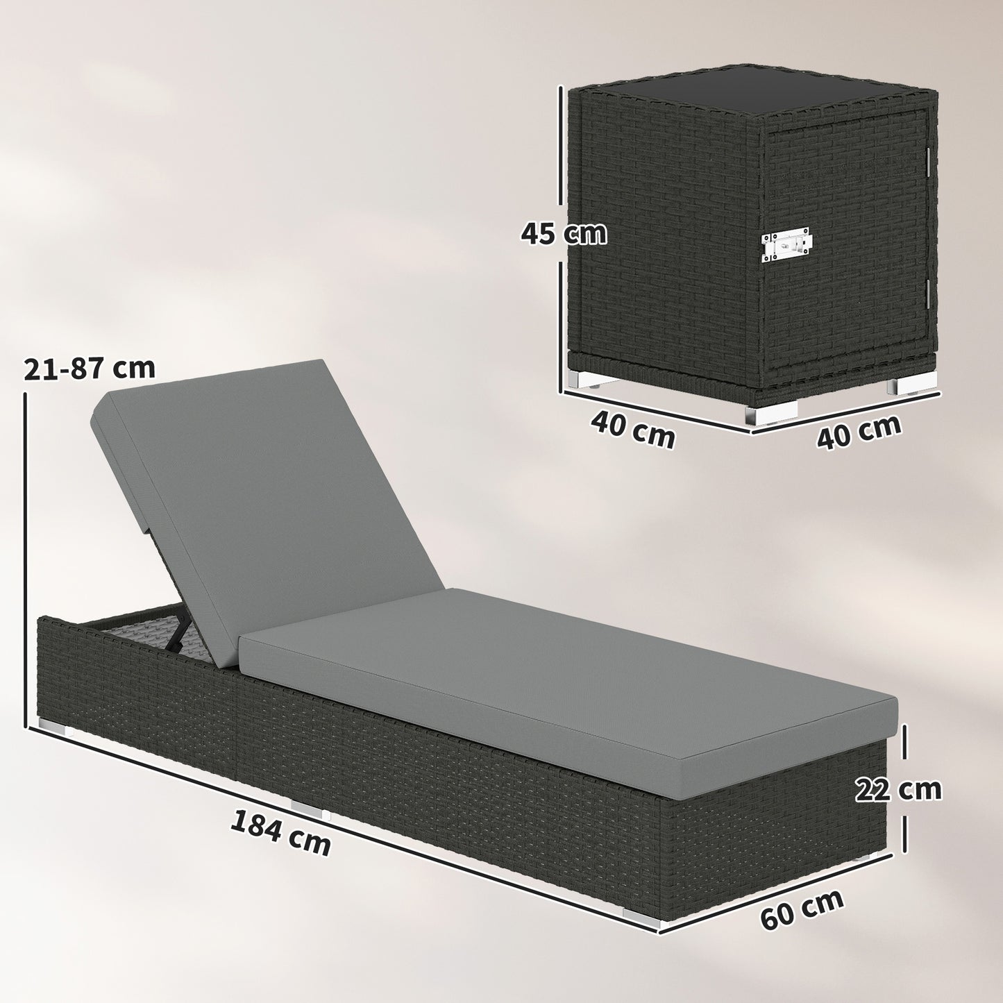 Outsunny Rattan Sun Loungers Set Of 2 With Side Table Garden Recliner Sunbeds Adjustable Back Cushions Dark Grey