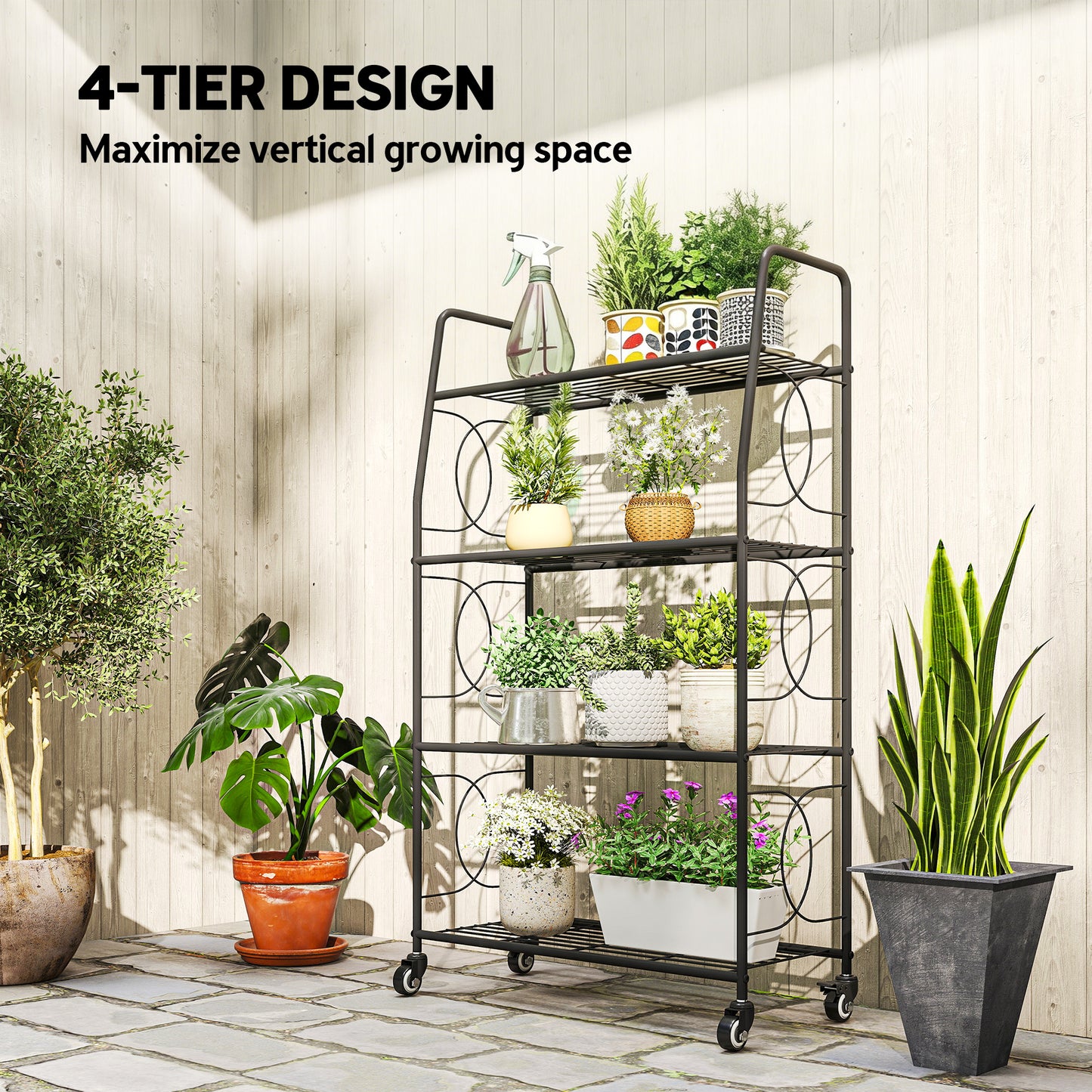 Outsunny 4-Tier Metal Plant Stand With Lockable Wheels Heavy Duty Ladder Shelf For Potted Plants