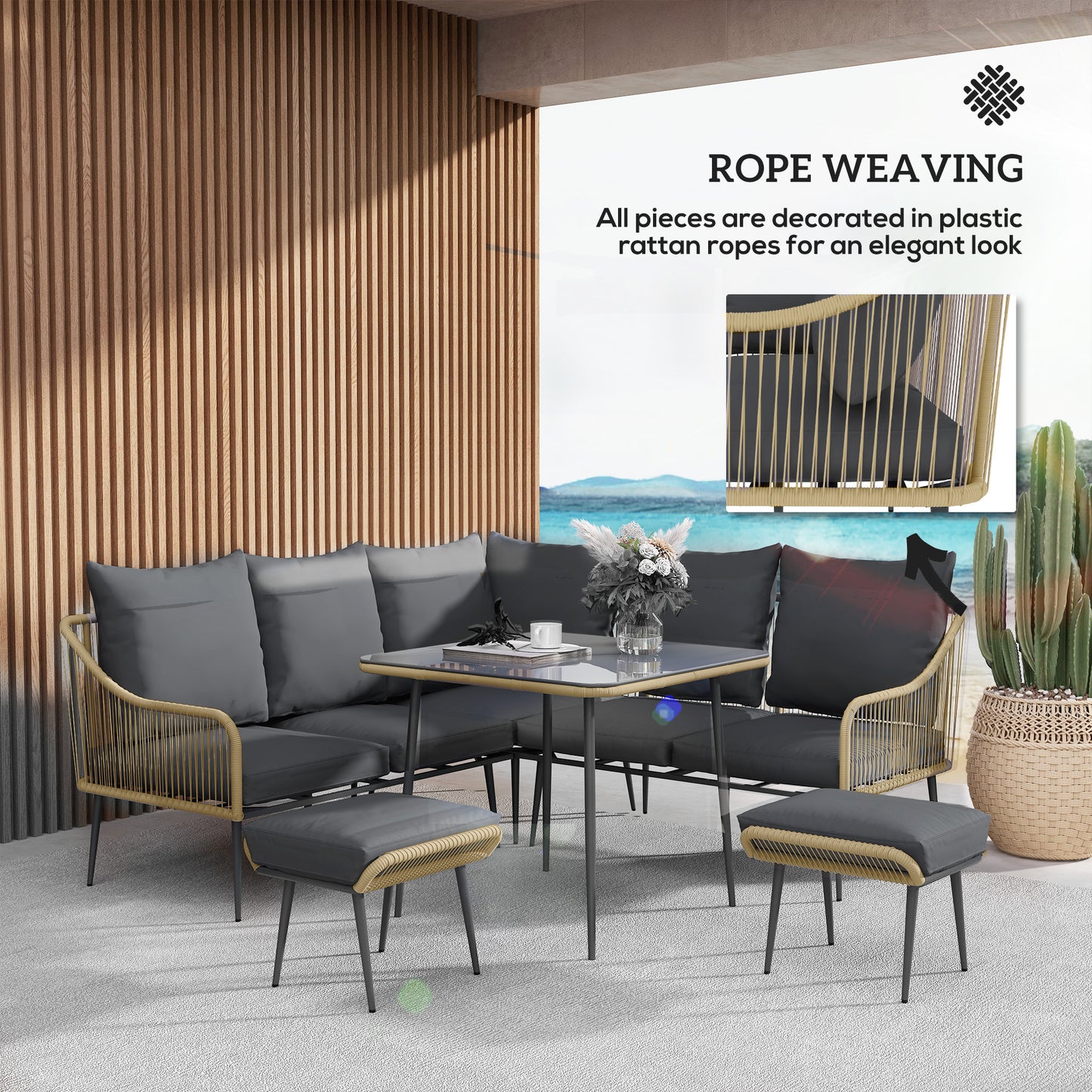 Outsunny Six Piece Rattan Garden Sofa Set With Steel Frame Brown Grey Outdoor Patio Furniture