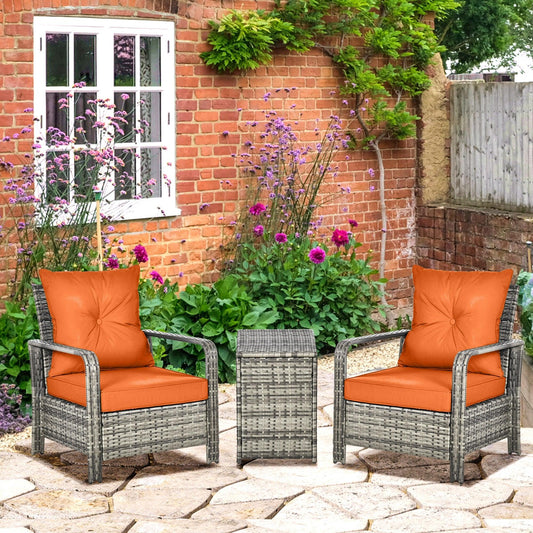 Outsunny 3-Piece PE Rattan Wicker Patio Bistro Set, Orange Cushion, Grey - ALL4U RETAILER LTD