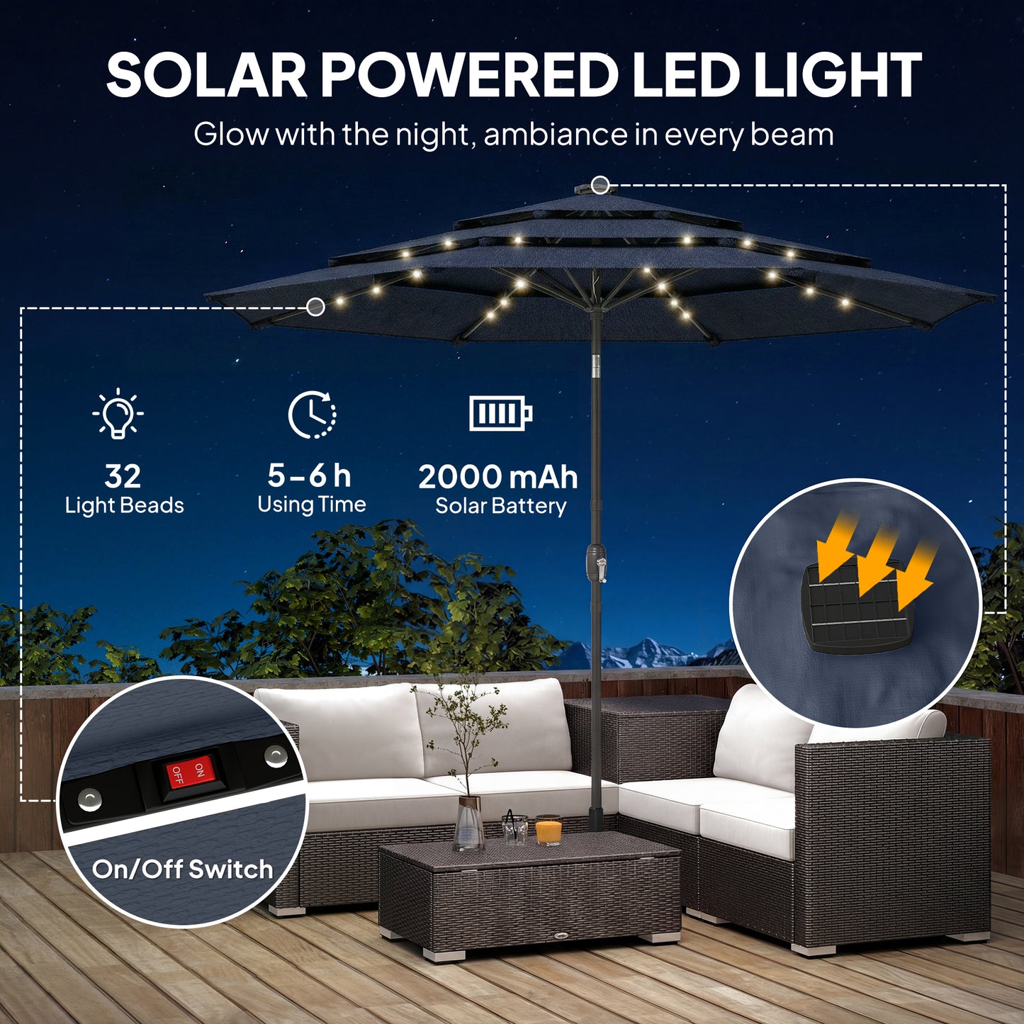 Outsunny 2 8 M Garden Parasol Umbrella With LED Solar Light Parasol Cover Navy Blue 3 Tier Outdoor Table Market Patio