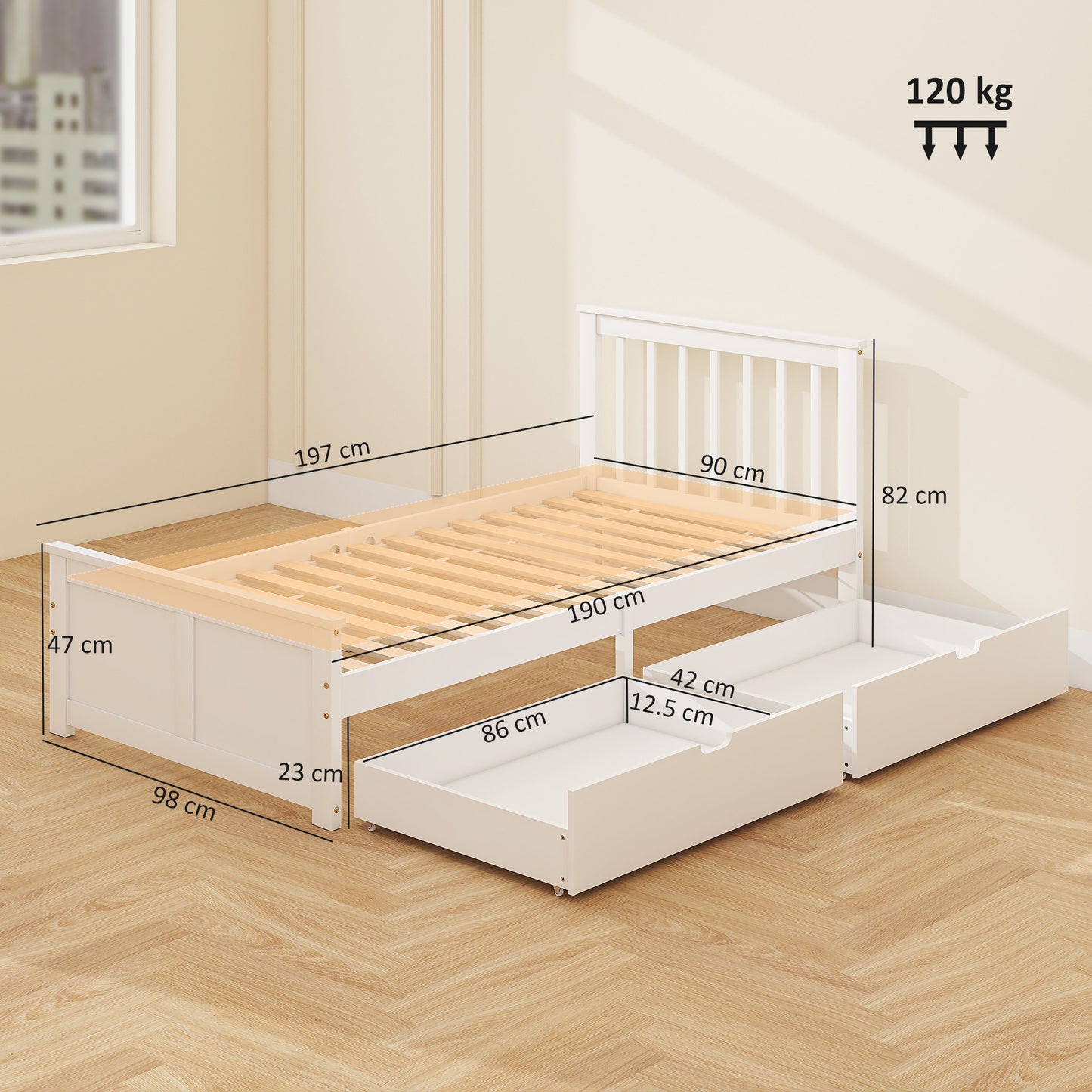HOMCOM Wooden Single Bed Frame With Two Sliding Drawers In White Finish Perfect For Compact Bedrooms And Small Rooms