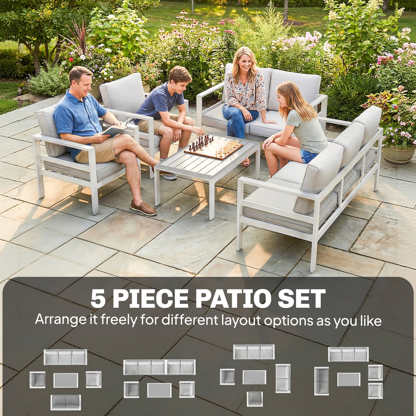 Outsunny 5 Piece Aluminium Garden Furniture Set With Olefin Cushions Extra Deep Outdoor Sofa White