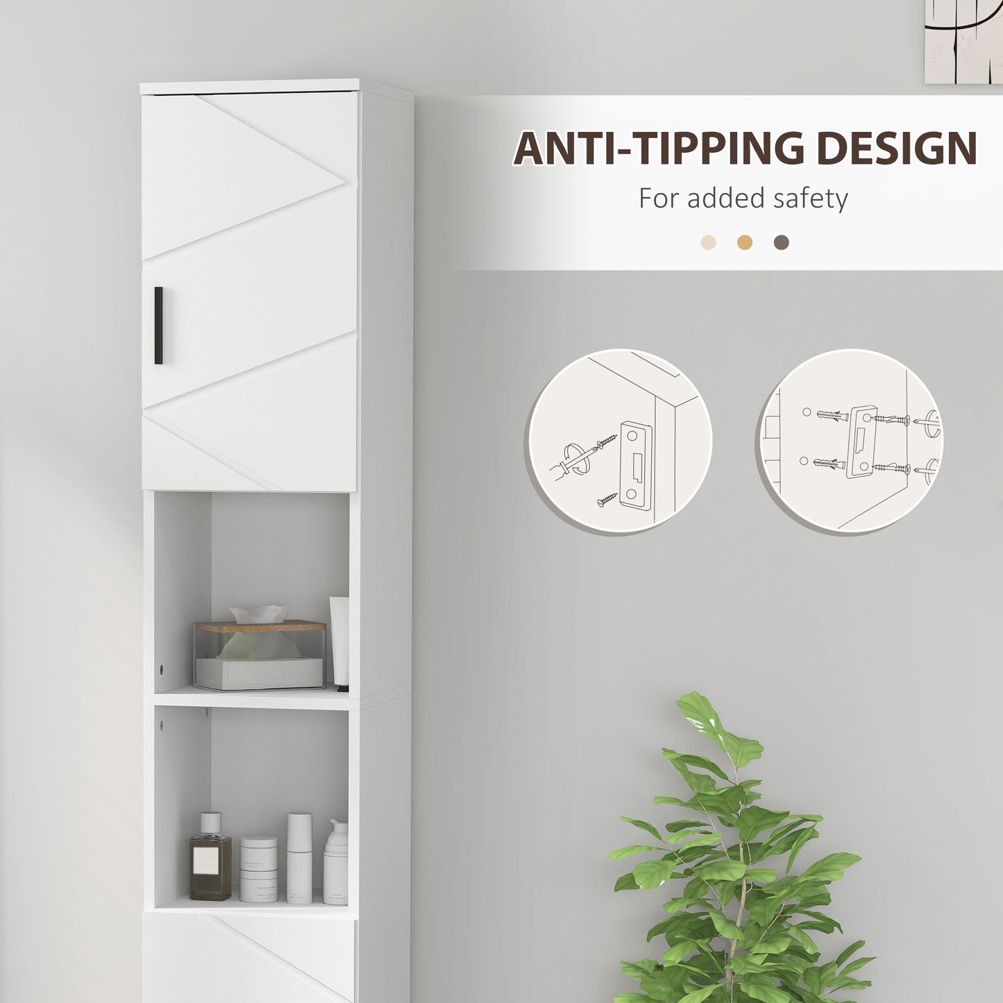 Kleankin Line Embossed Tall Corner Slim Bathroom Storage Cabinet White Finish Fits Narrow Spaces