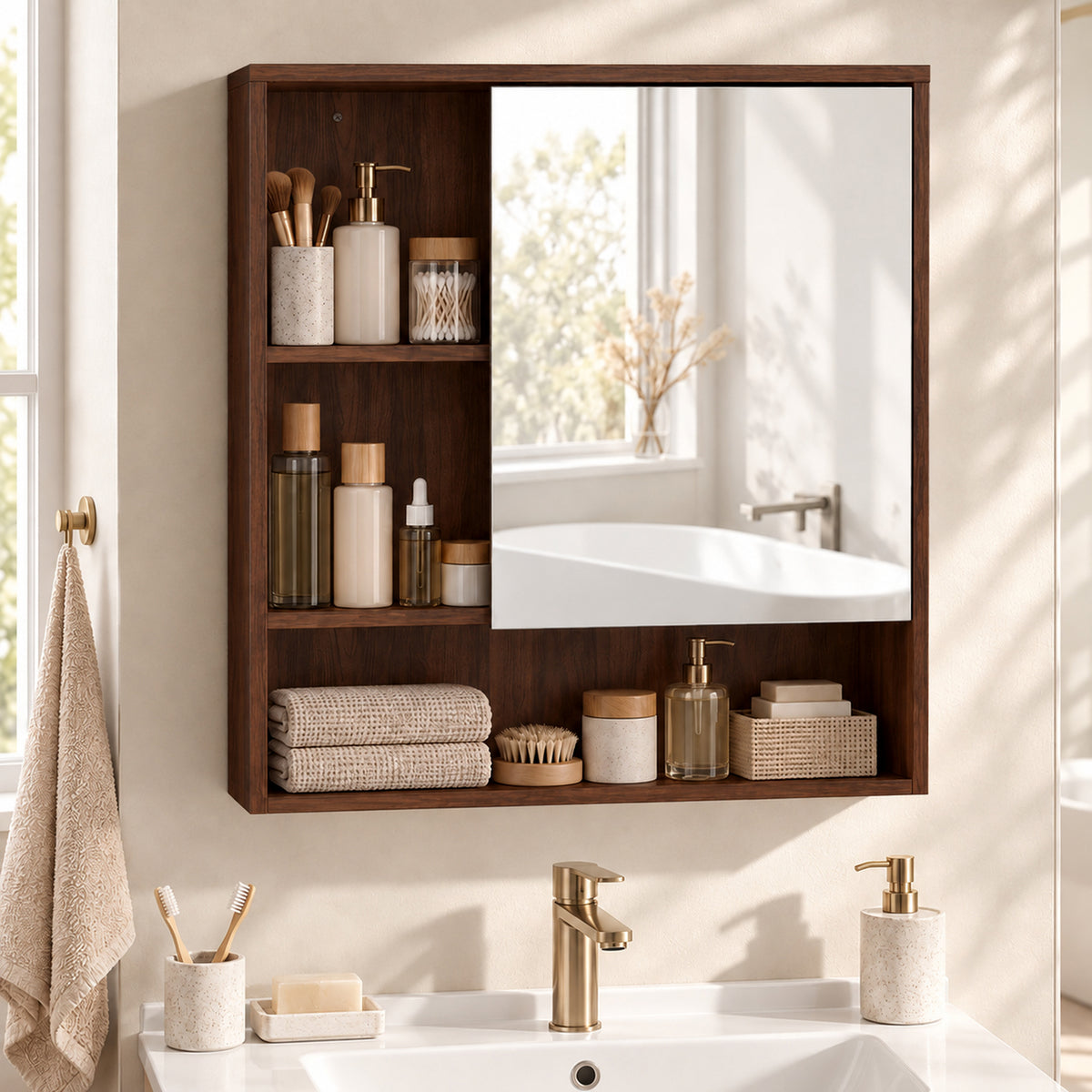 Walnut mirrored cabinet with open shelves holding toiletries, towels, and storage containers