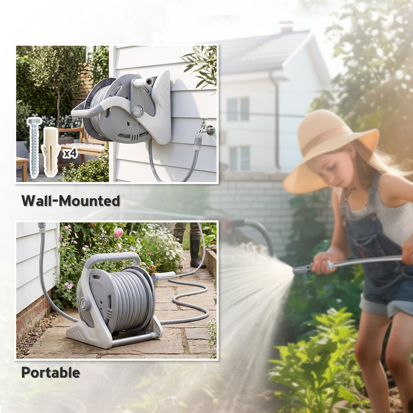 Outsunny Portable Garden Hose Reel 20 Plus 2 Meters Wall Mounted Reel With Two Pattern Nozzle And Crank Grey