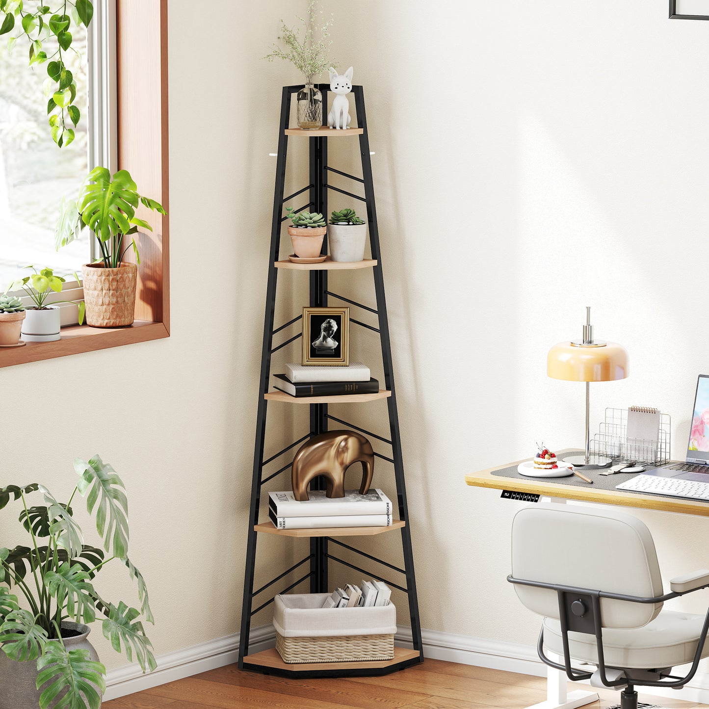 HOMCOM Corner Bookcase Five Tier Floor Standing Bookshelf Shelving Unit for Living Room Study Bedroom Natural Wood