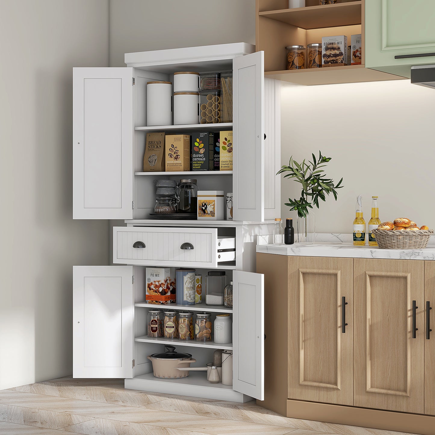 HOMCOM White Kitchen Storage Cabinet With Drawer And Adjustable Shelves Tall Pantry Organizer