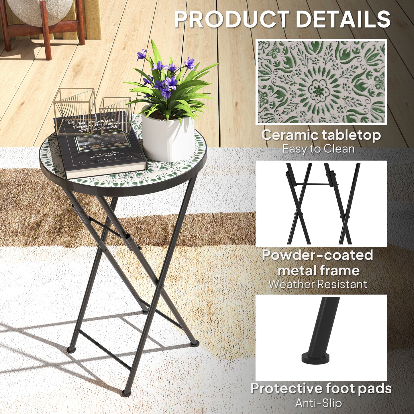 Outsunny Mosaic Outdoor Garden Table Round Folding Coffee Table 35.5cm With Metal Frame For Balcony Terrace Green