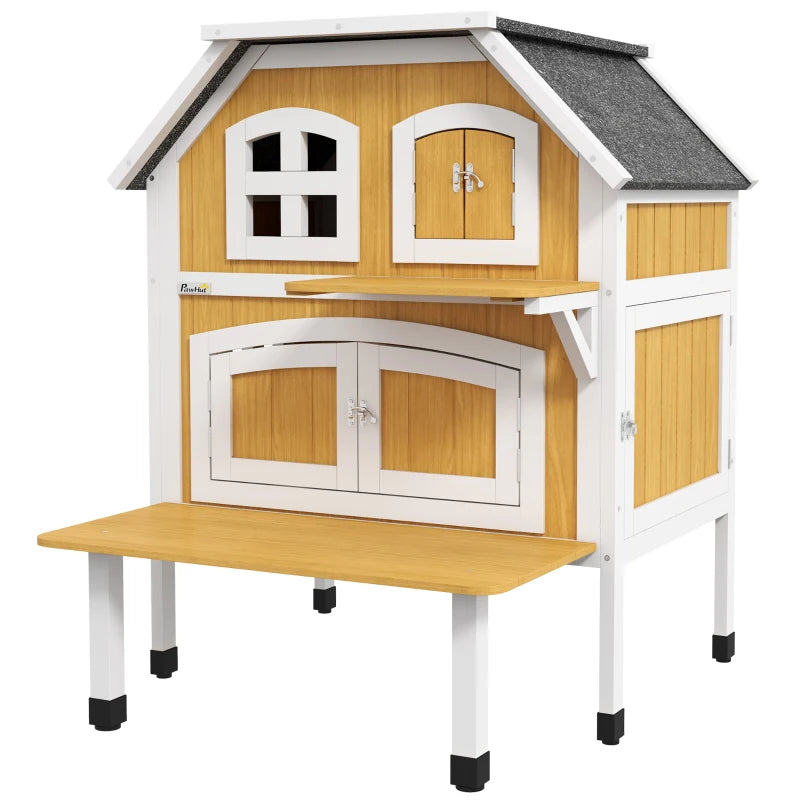 PawHut 2-Tier Outdoor Wooden Cat Shelter, Feral Cat House with Openable Asphalt Roof, Escape Doors, and Terrace for 1-2 Cats - ALL4U RETAILER LTD