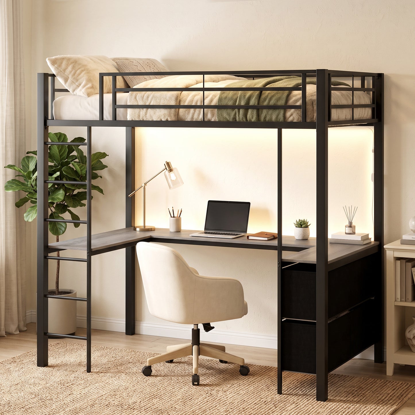 HOMCOM Metal Bunk Bed With Desk Built In Workstation LED Light High Sleeper Guardrail No Box Spring Needed