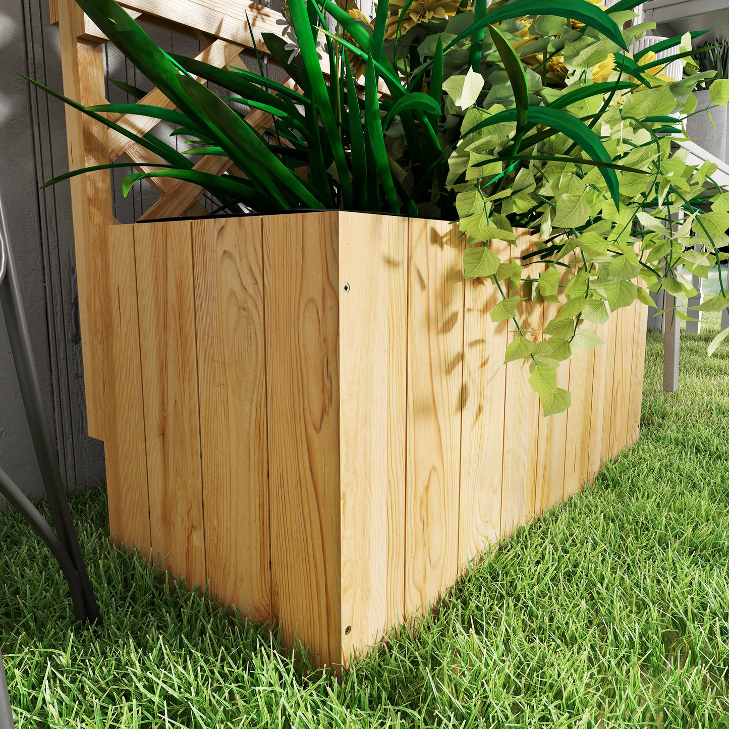 Outsunny 52L Wooden Planter With Trellis And Shelves For Outdoor Gardens Natural Finish