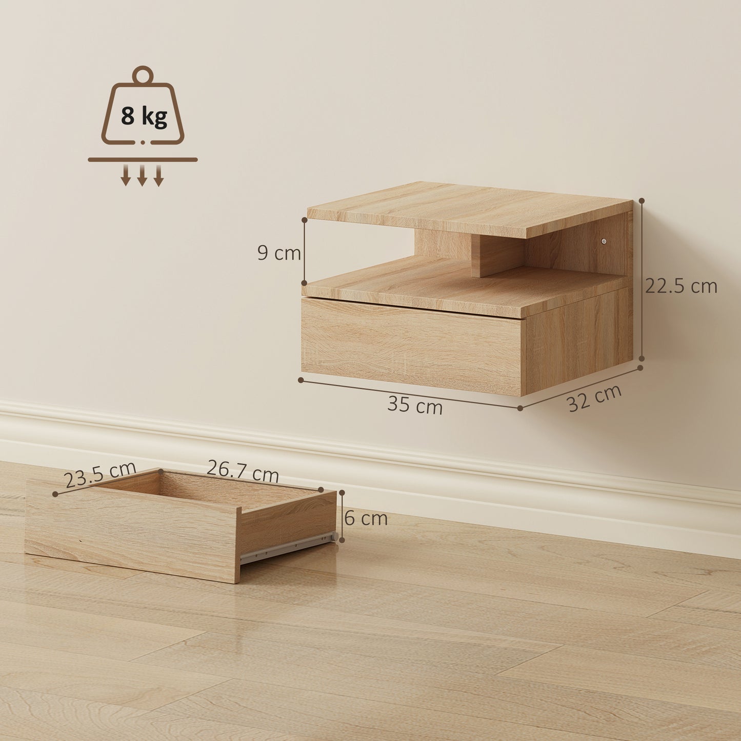 HOMCOM Set Of Two Floating Oak Bedside Tables With Drawers Open Shelf And Space Saving Design