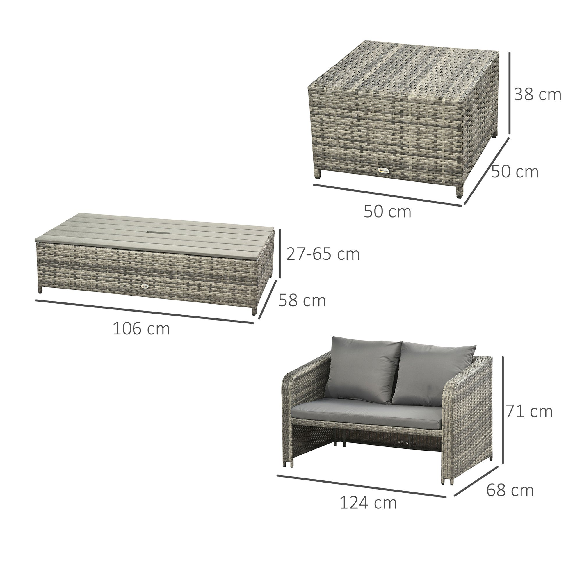 Outsunny Grey Outdoor Wicker Conversation Set - 4-Piece Garden Rattan Sofa, Footstools & Lift Top Coffee Table - ALL4U RETAILER LTD