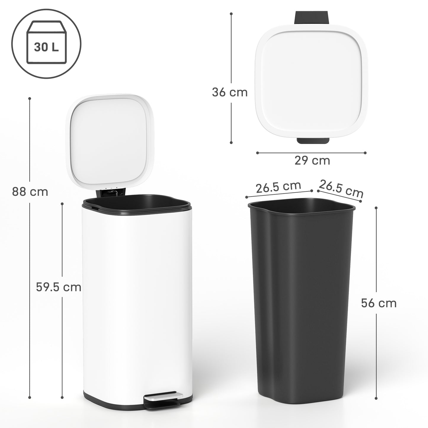 HOMCOM 30L Kitchen Bin Compact Pedal Bin With Soft Close And Stay Open Lid Removable Bucket For Kitchen Office White